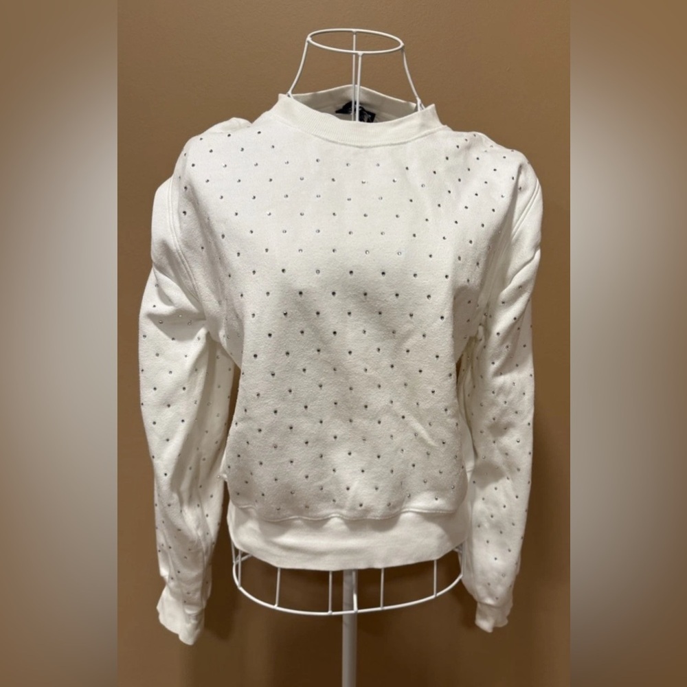 Generation Love Rhinestone Embellished Sweatshirt Shoulder Pad Crewneck White